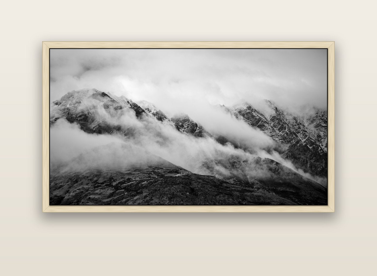 The Remarkables, Queenstown — natural float frame canvas, 152 × 86 cm. New Zealand fine art landscape wall art by Stephen Milner.