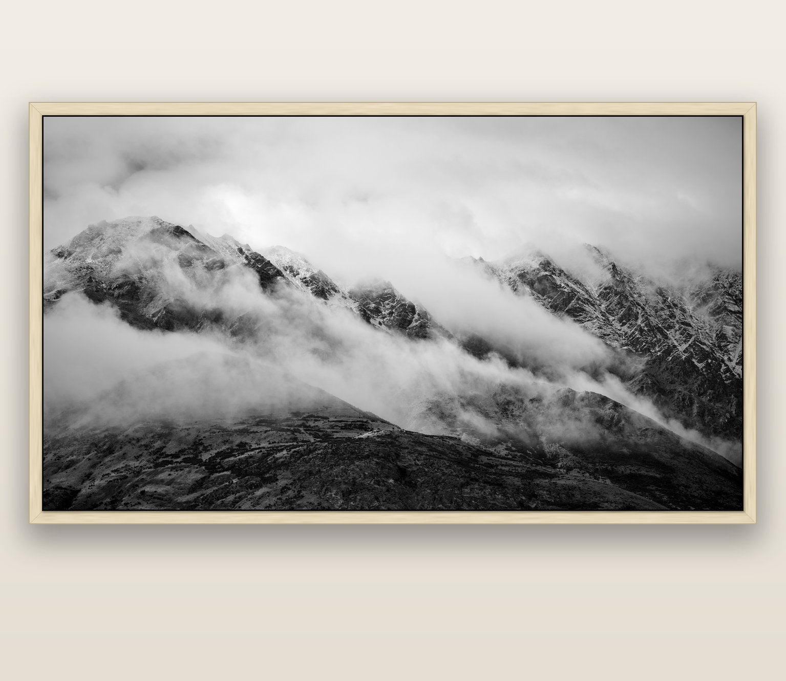 The Remarkables, Queenstown — natural float frame canvas, 200 × 130 cm. New Zealand fine art landscape wall art by Stephen Milner.
