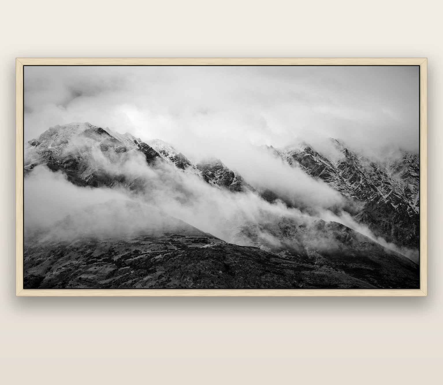The Remarkables, Queenstown — natural float frame canvas, 201 × 99 cm. New Zealand fine art landscape wall art by Stephen Milner.