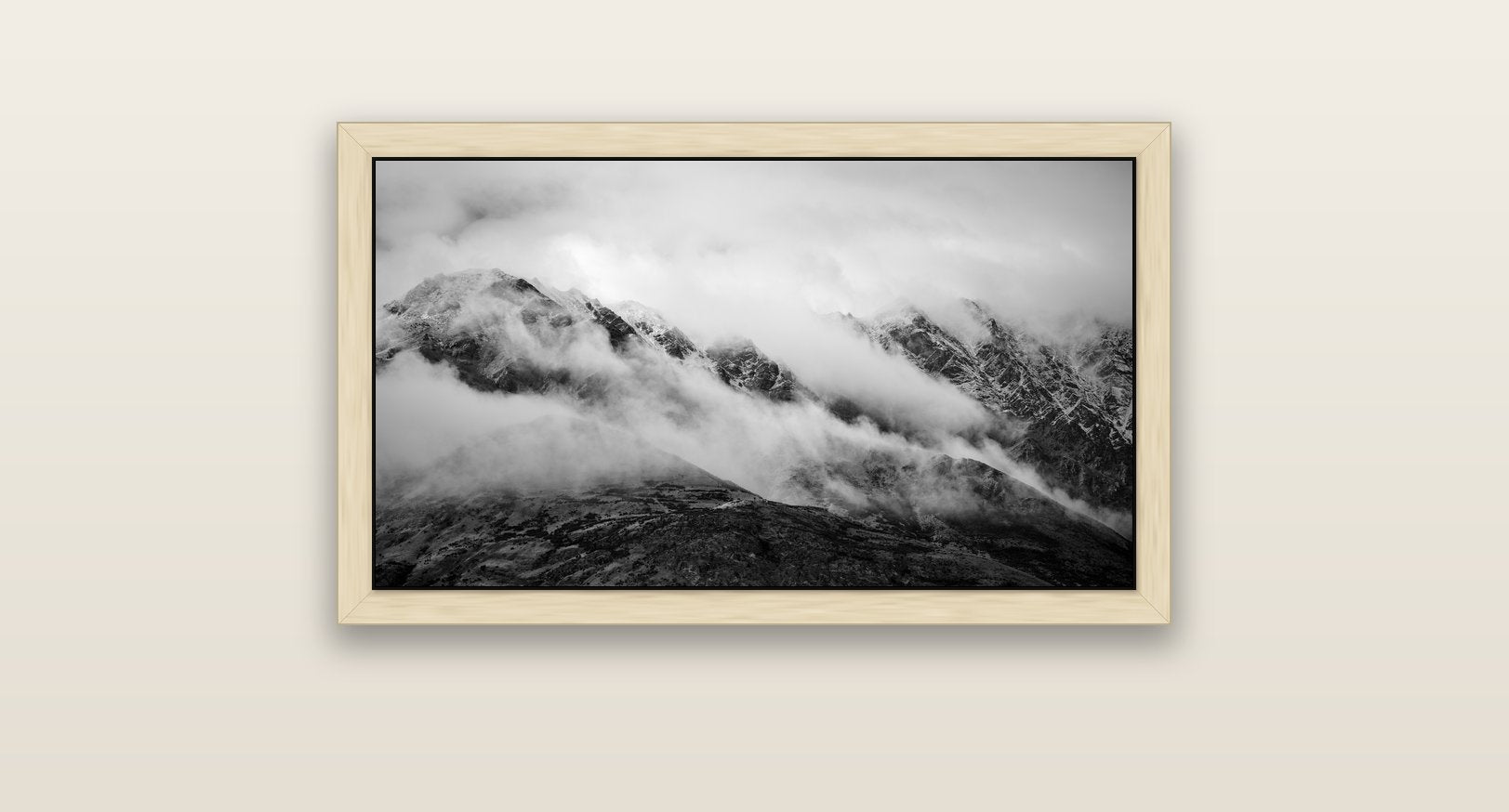 The Remarkables, Queenstown — natural float frame canvas, 81 × 46 cm. New Zealand fine art landscape wall art by Stephen Milner.
