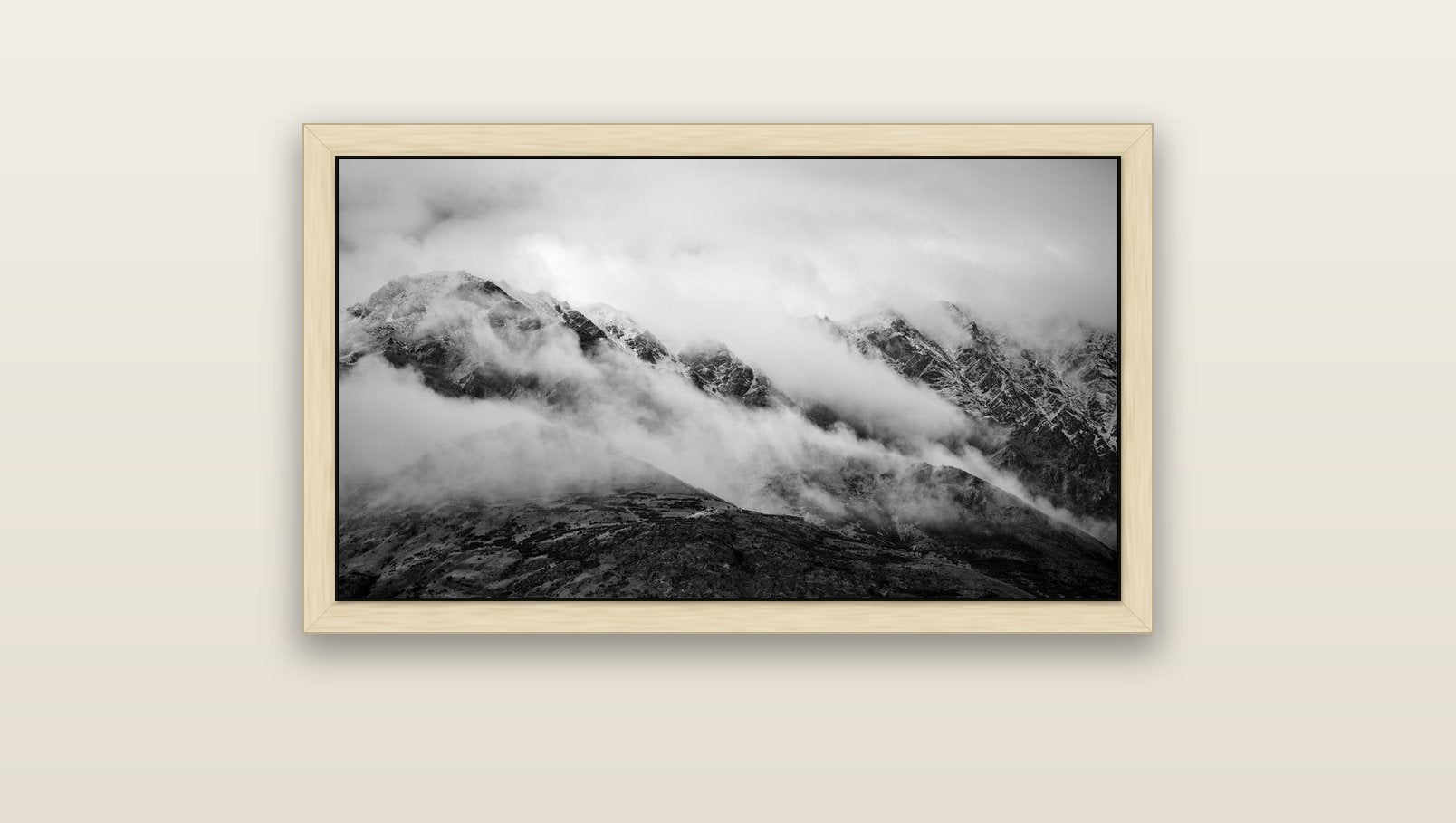 The Remarkables, Queenstown — natural float frame canvas, 91 × 51 cm. New Zealand fine art landscape wall art by Stephen Milner.