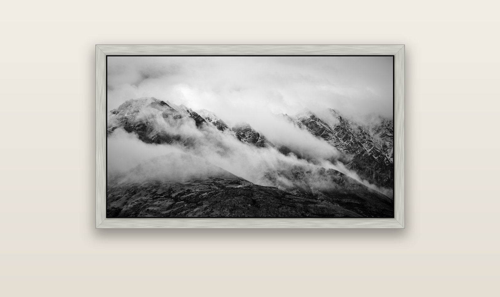 The Remarkables, Queenstown — silver float frame canvas, 102 × 56 cm. New Zealand fine art landscape wall art by Stephen Milner.