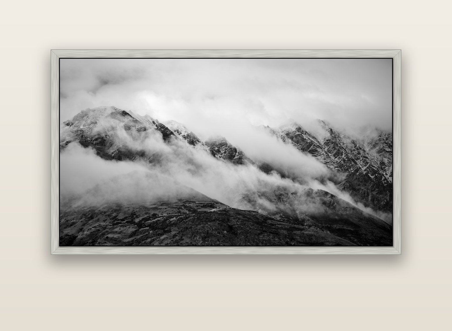 The Remarkables, Queenstown — silver float frame canvas, 152 × 86 cm. New Zealand fine art landscape wall art by Stephen Milner.