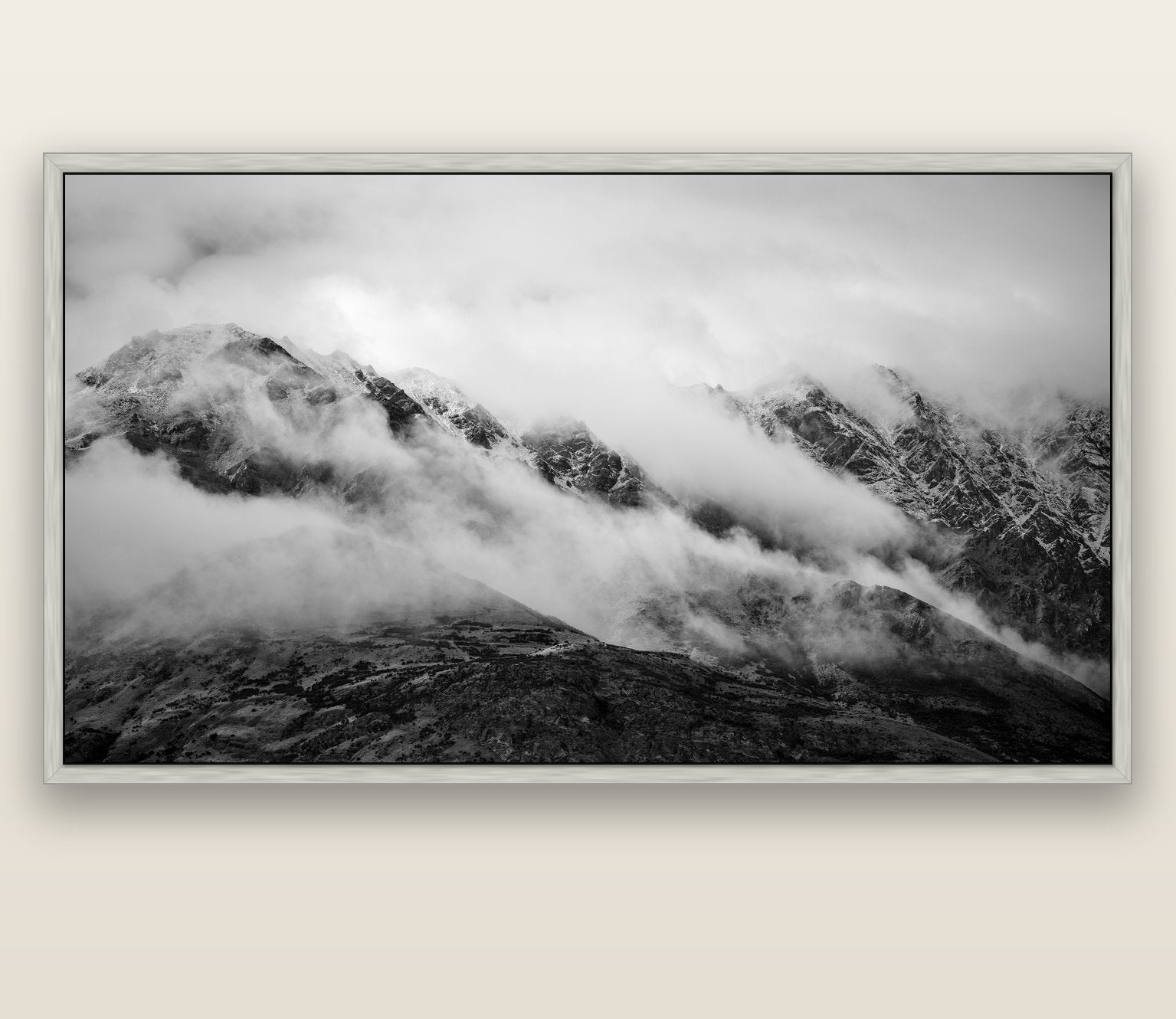 The Remarkables, Queenstown — silver float frame canvas, 200 × 130 cm. New Zealand fine art landscape wall art by Stephen Milner.