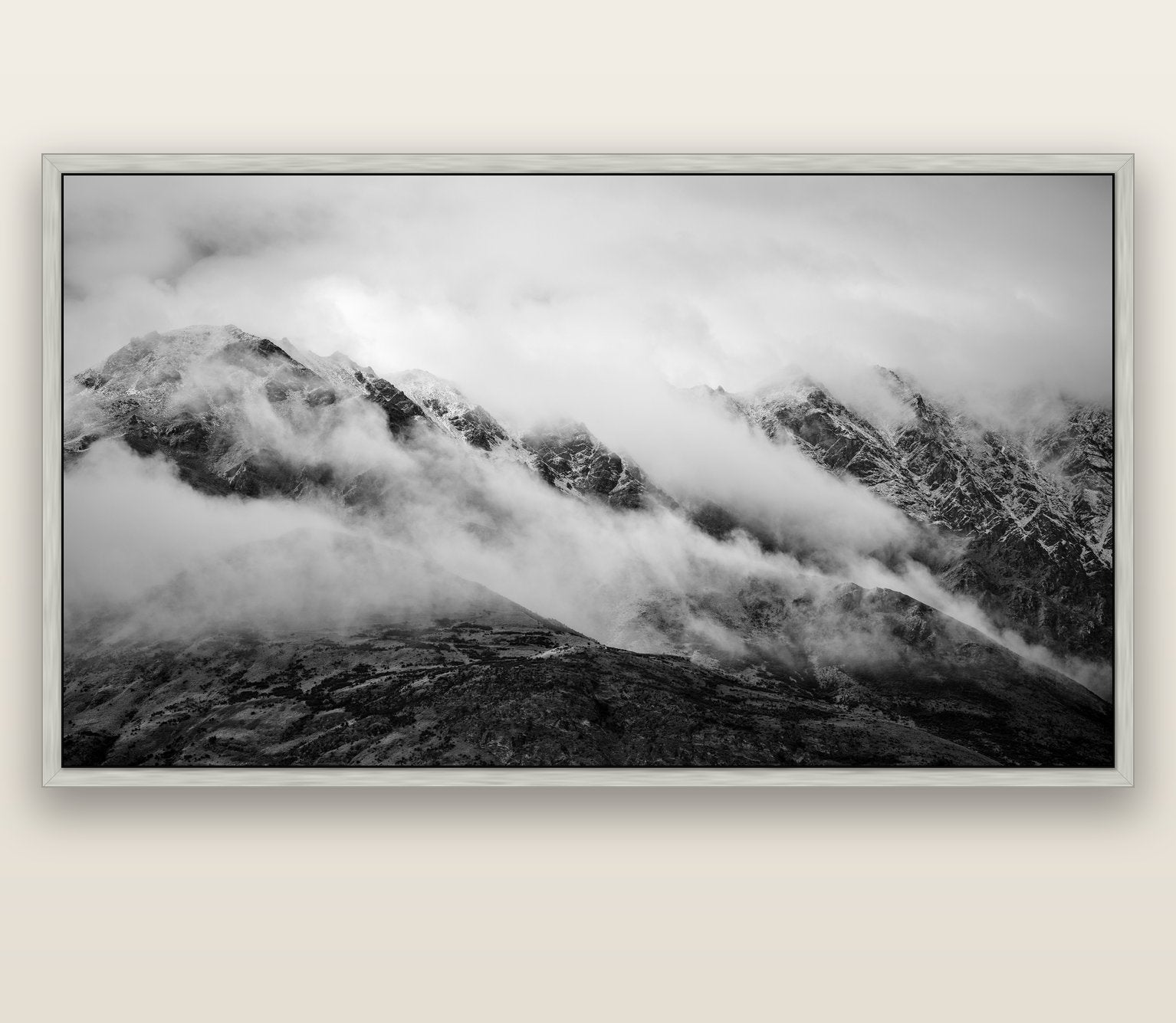 The Remarkables, Queenstown — silver float frame canvas, 201 × 99 cm. New Zealand fine art landscape wall art by Stephen Milner.