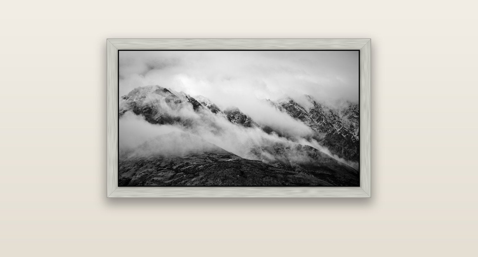 The Remarkables, Queenstown — silver float frame canvas, 81 × 46 cm. New Zealand fine art landscape wall art by Stephen Milner.