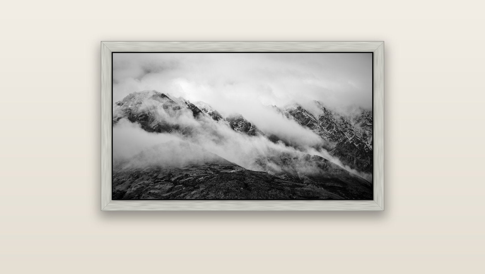 The Remarkables, Queenstown — silver float frame canvas, 91 × 51 cm. New Zealand fine art landscape wall art by Stephen Milner.