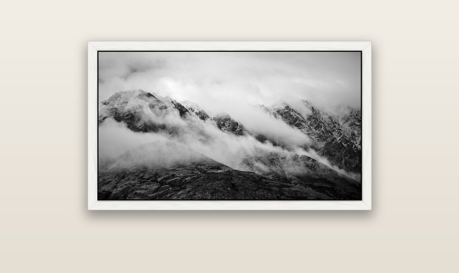 The Remarkables, Queenstown — white float frame canvas, 102 × 56 cm. New Zealand fine art landscape wall art by Stephen Milner.