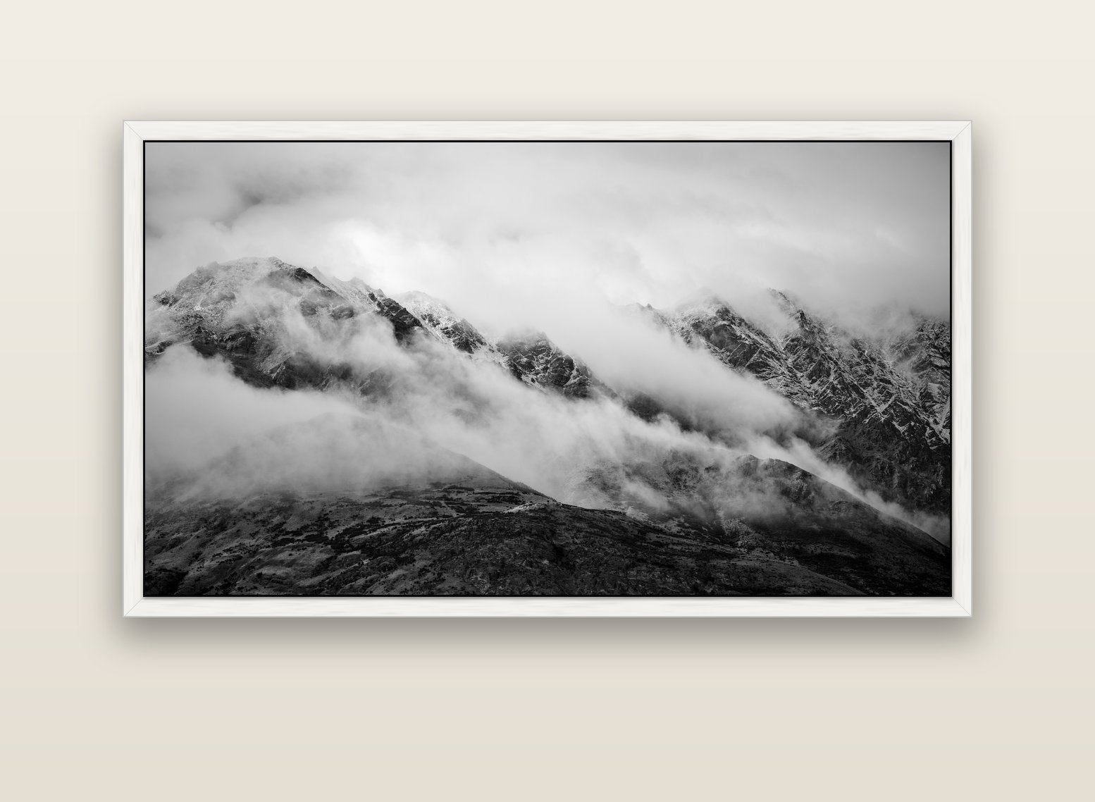 The Remarkables, Queenstown — white float frame canvas, 152 × 86 cm. New Zealand fine art landscape wall art by Stephen Milner.