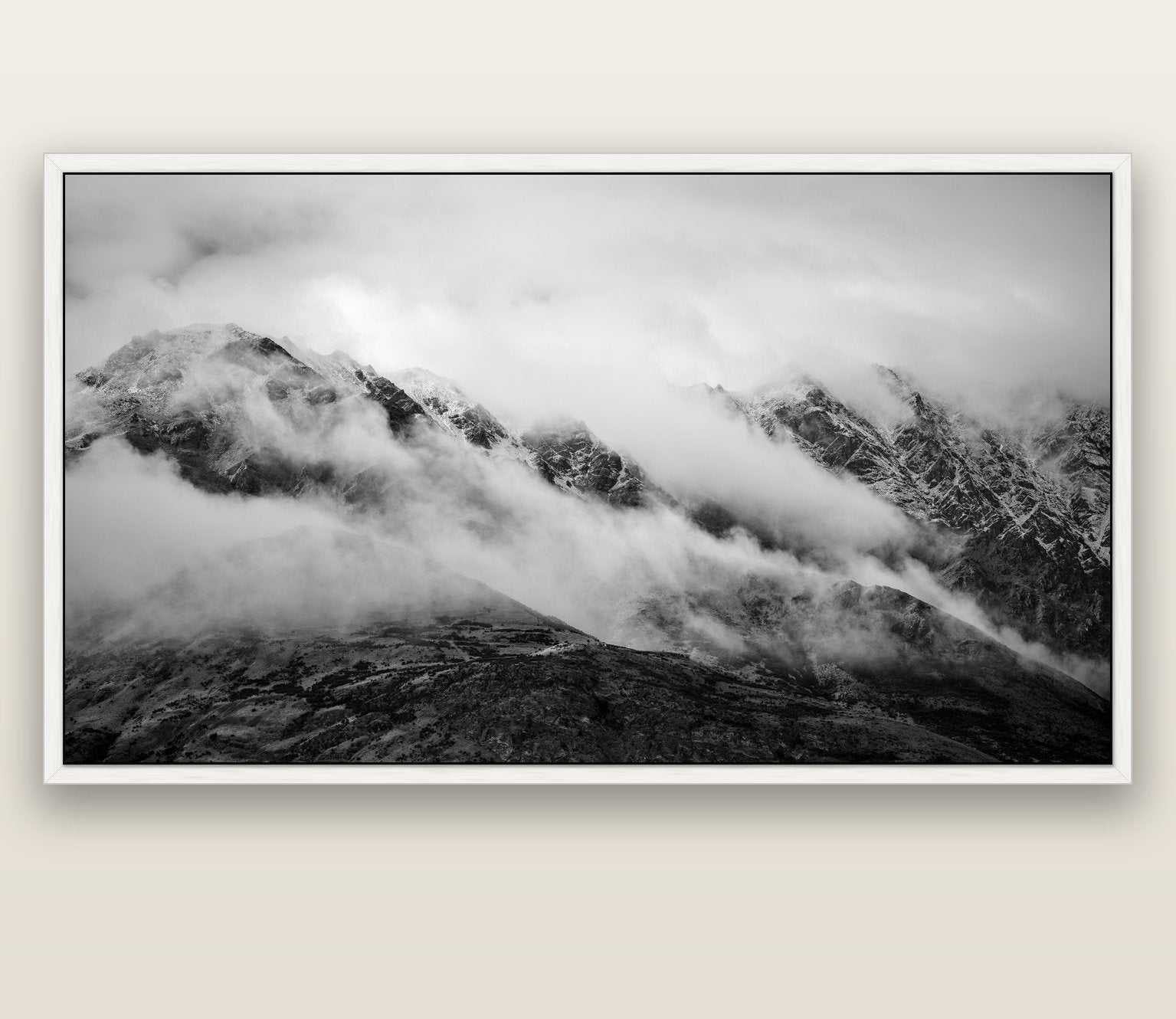 The Remarkables, Queenstown — white float frame canvas, 200 × 130 cm. New Zealand fine art landscape wall art by Stephen Milner.