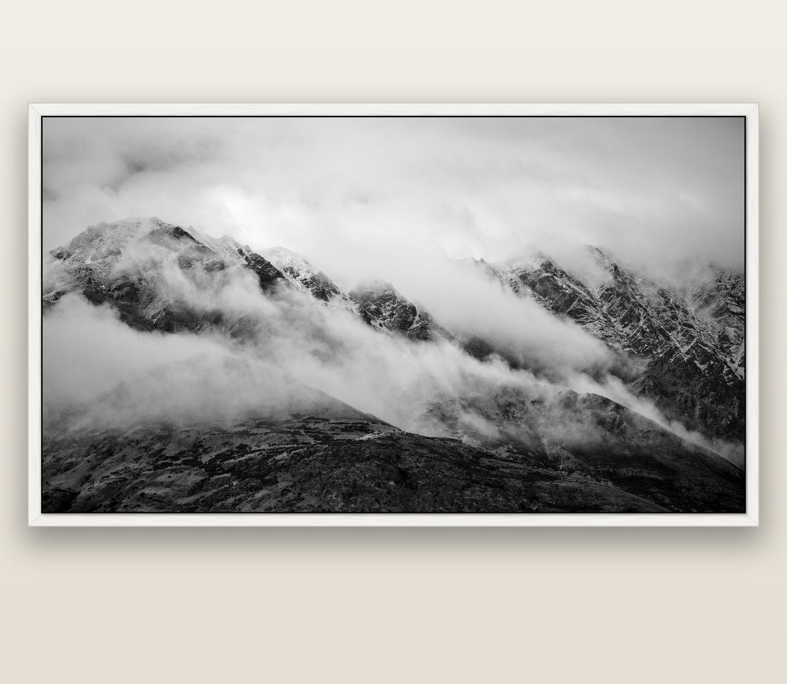 The Remarkables, Queenstown — white float frame canvas, 201 × 99 cm. New Zealand fine art landscape wall art by Stephen Milner.
