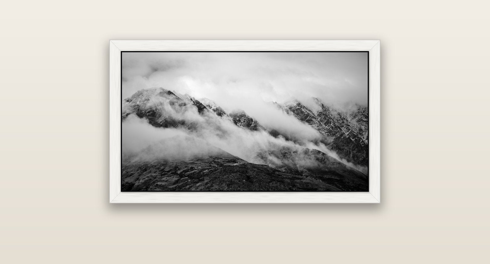The Remarkables, Queenstown — white float frame canvas, 81 × 46 cm. New Zealand fine art landscape wall art by Stephen Milner.