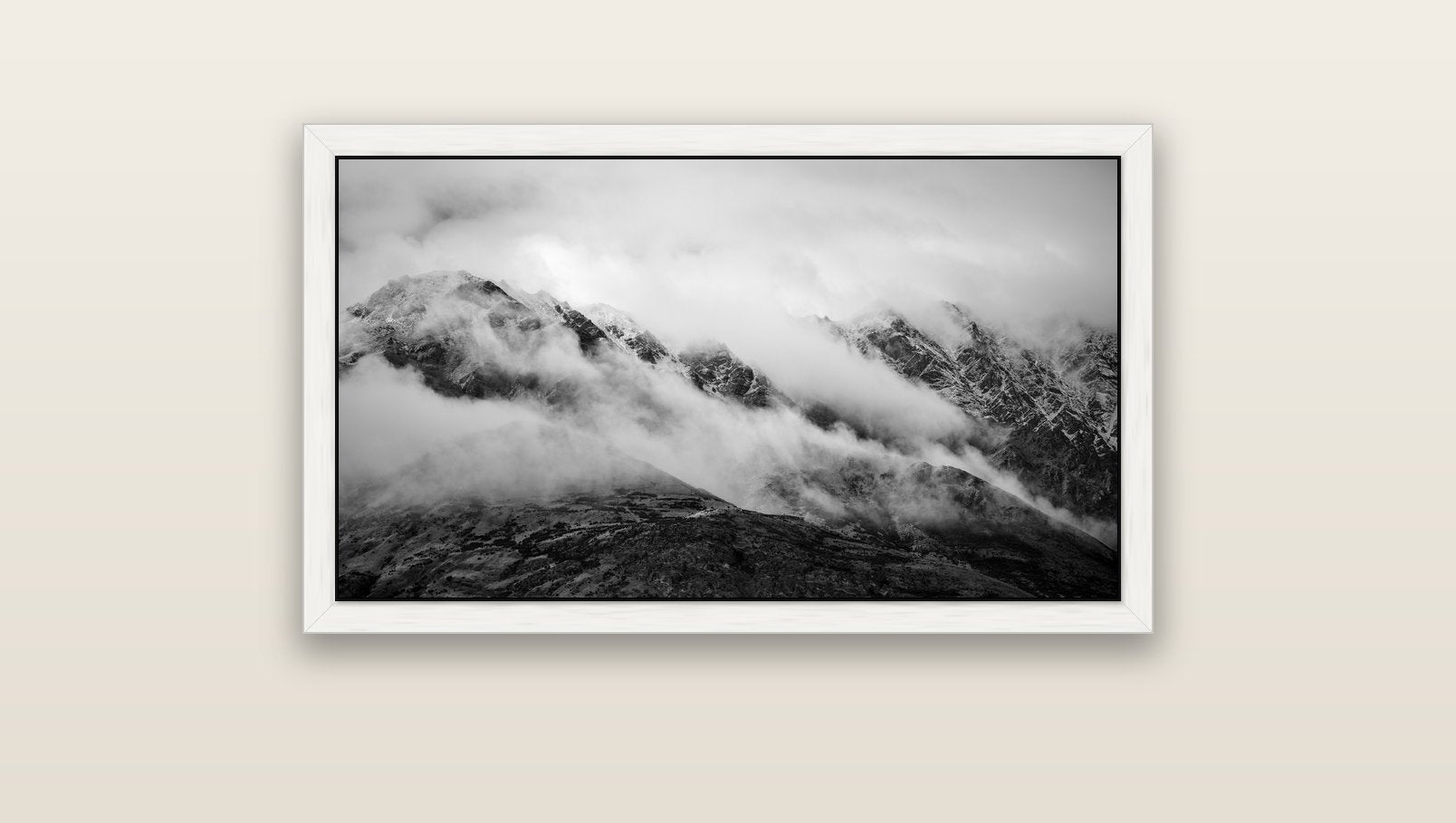 The Remarkables, Queenstown — white float frame canvas, 91 × 51 cm. New Zealand fine art landscape wall art by Stephen Milner.