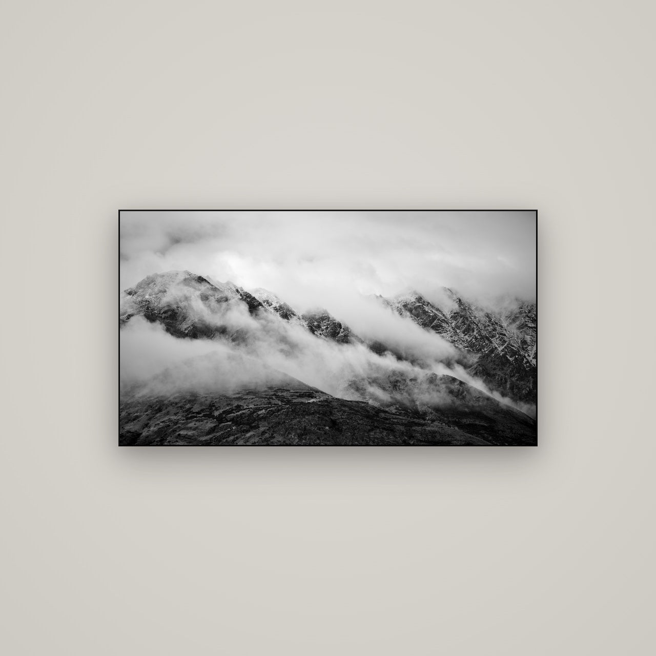 The Remarkables, Queenstown — Slimline Black, 107×60 cm. New Zealand fine art wall art by Stephen Milner.