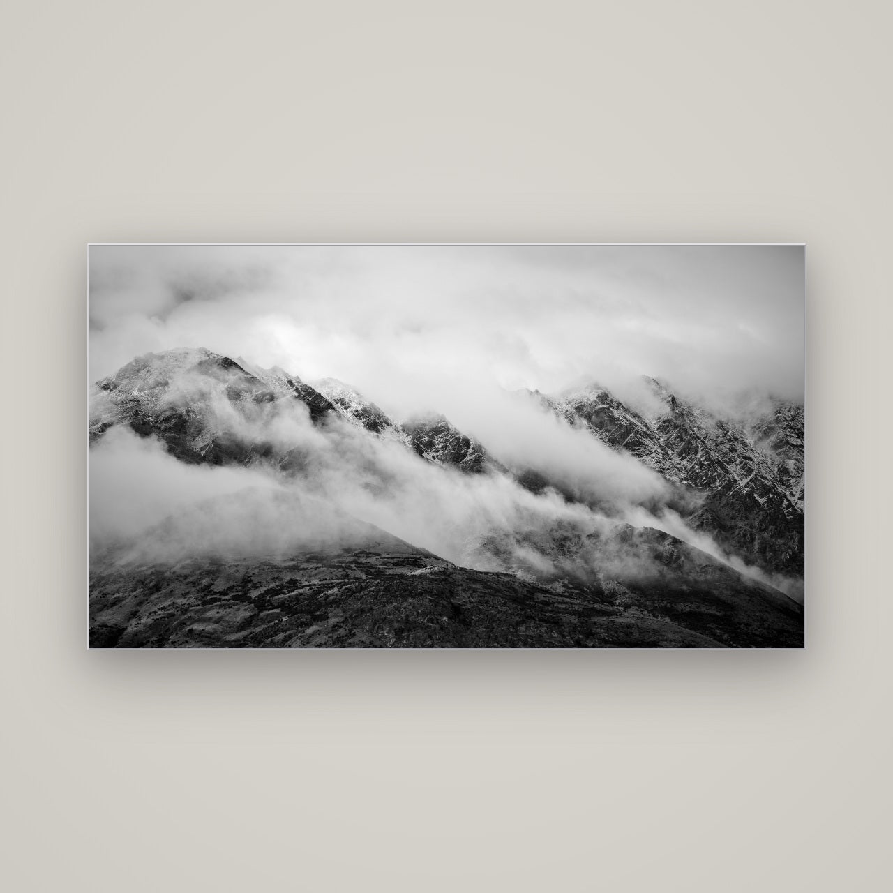 The Remarkables, Queenstown — Slimline Silver, 160×90 cm. New Zealand fine art wall art by Stephen Milner.