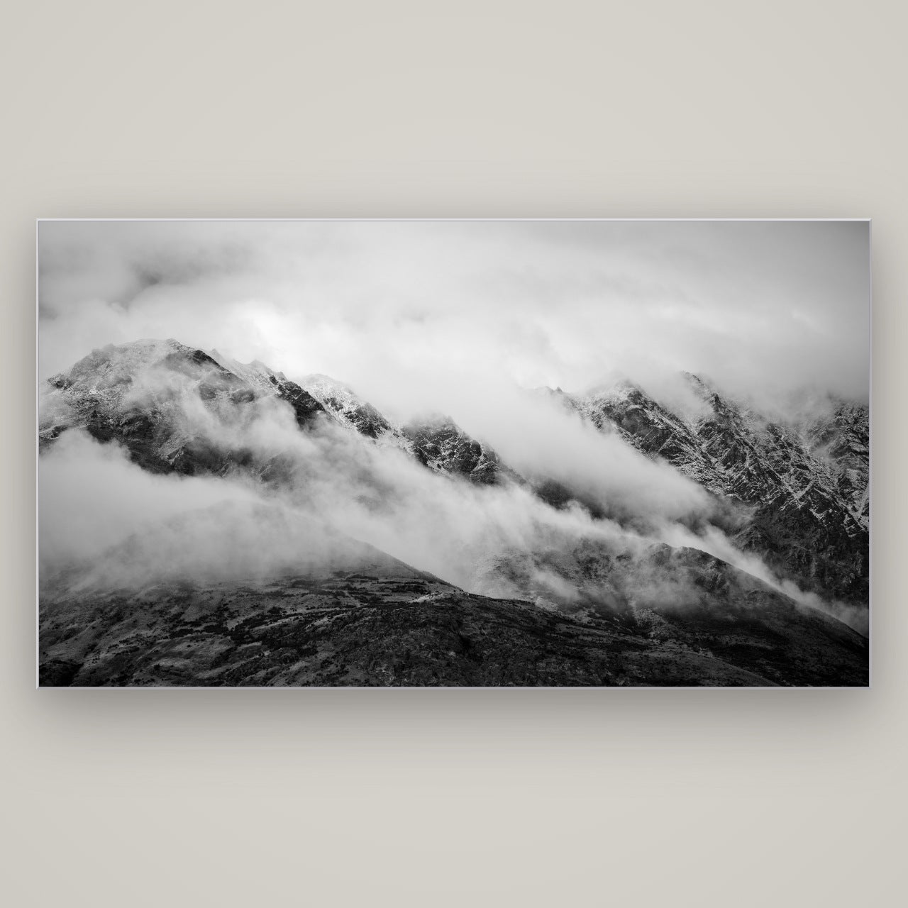 The Remarkables, Queenstown — Slimline Silver, 196×110 cm. New Zealand fine art wall art by Stephen Milner.