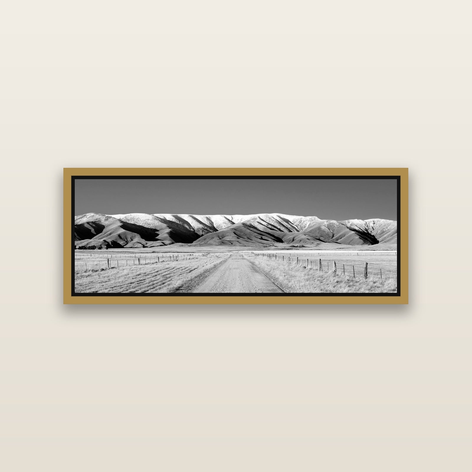 The Road to Hawkdun Heights — Antique Gold framed metallic canvas print, small 86 × 30 cm. New Zealand fine art landscape wall art by Stephen Milner.