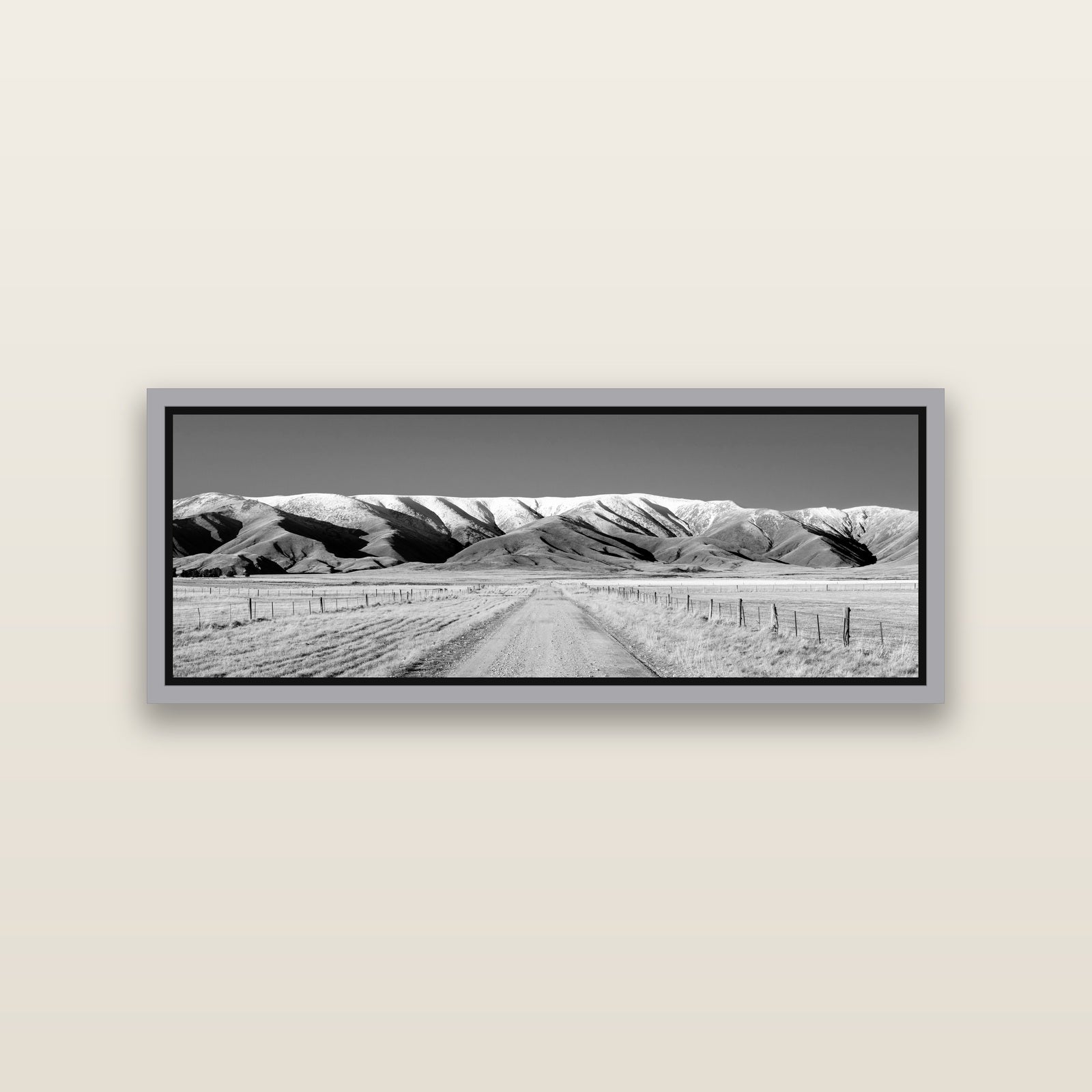 The Road to Hawkdun Heights — Antique Silver framed metallic canvas print, small 86 × 30 cm. New Zealand fine art landscape wall art by Stephen Milner.