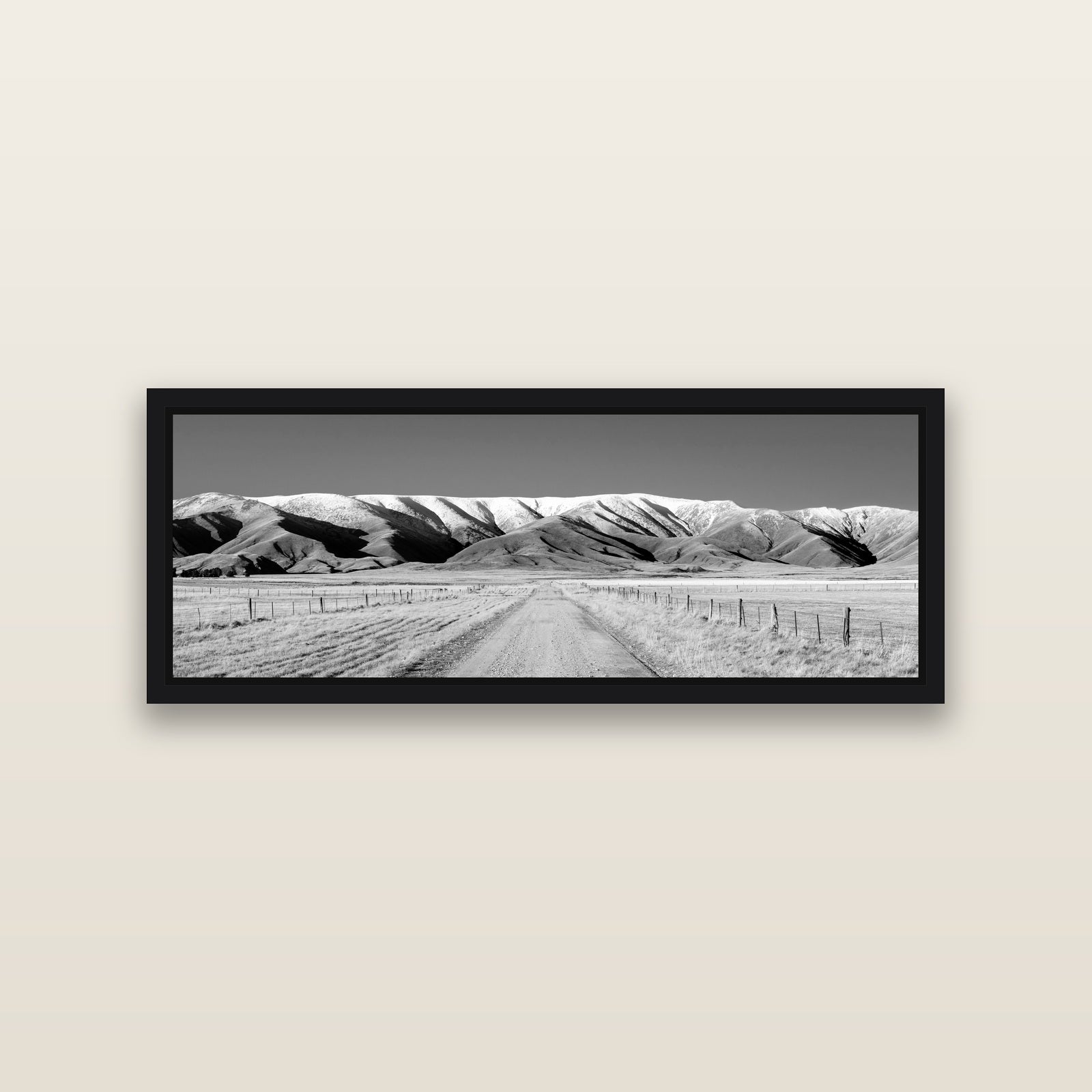 The Road to Hawkdun Heights — Black framed metallic canvas print, small 86 × 30 cm. New Zealand fine art landscape wall art by Stephen Milner.