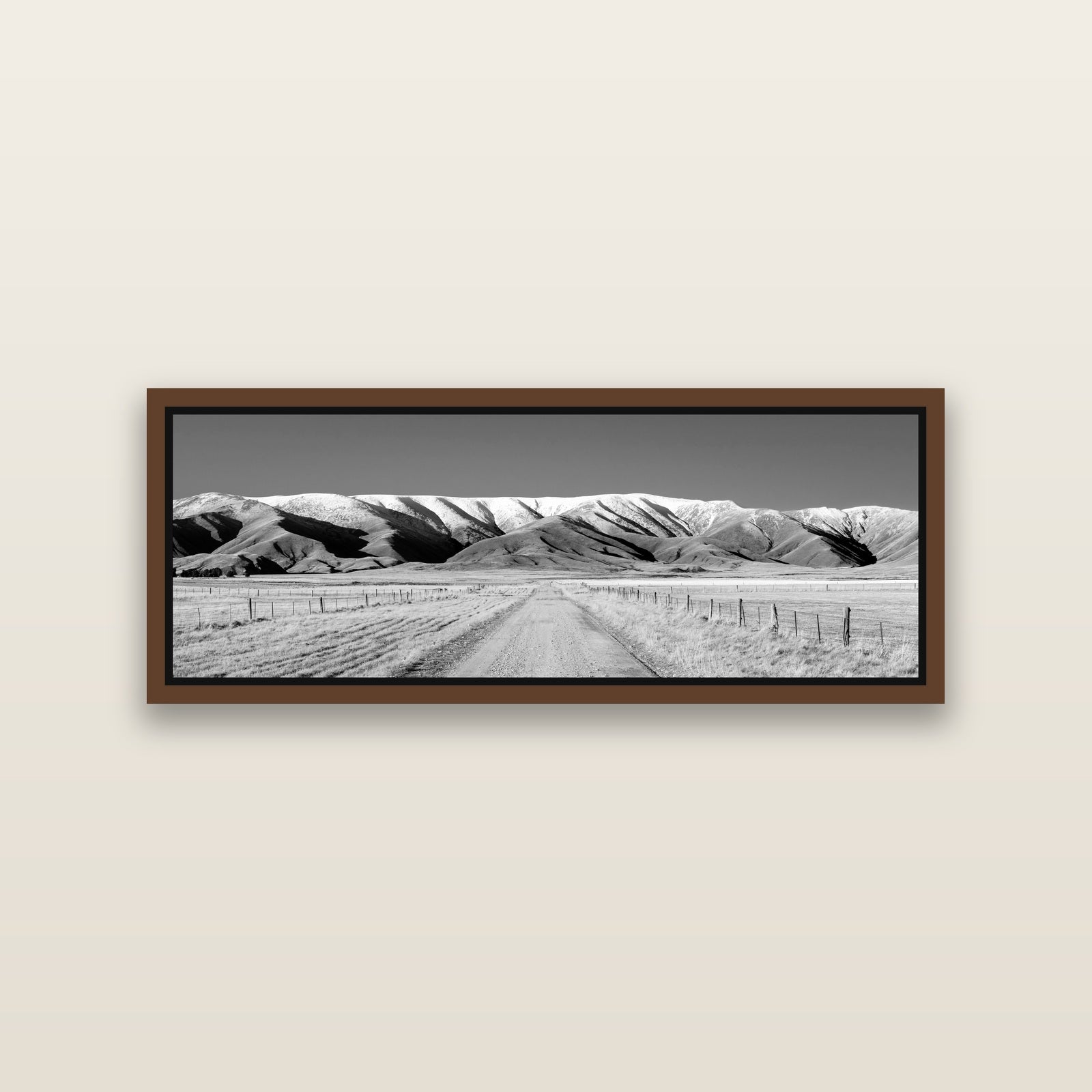 The Road to Hawkdun Heights — Brown framed metallic canvas print, small 86 × 30 cm. New Zealand fine art landscape wall art by Stephen Milner.