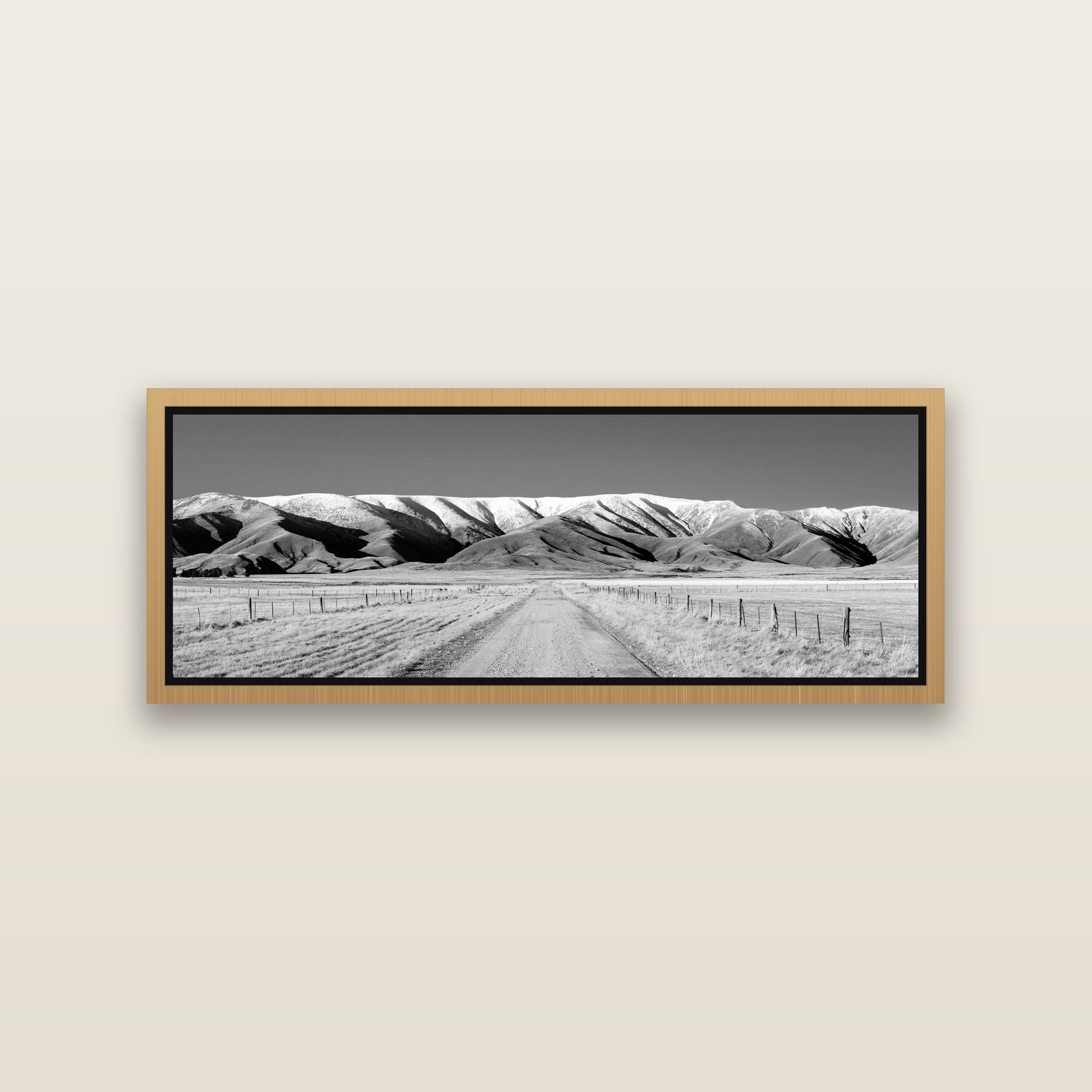 The Road to Hawkdun Heights — Natural framed metallic canvas print, small 86 × 30 cm. New Zealand fine art landscape wall art by Stephen Milner.