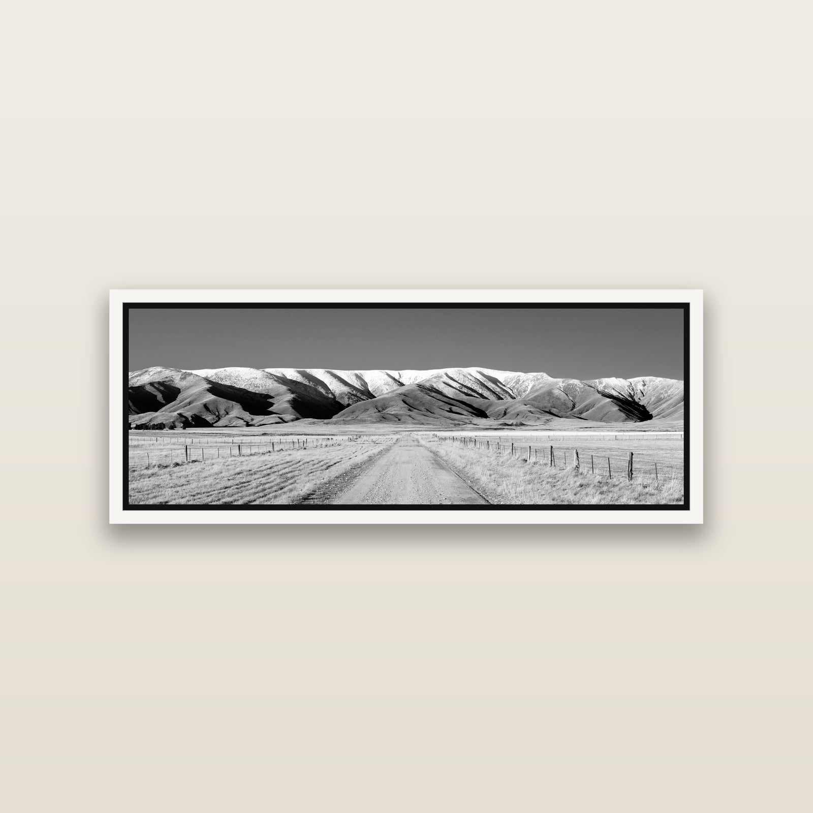 The Road to Hawkdun Heights — White framed metallic canvas print, small 86 × 30 cm. New Zealand fine art landscape wall art by Stephen Milner.