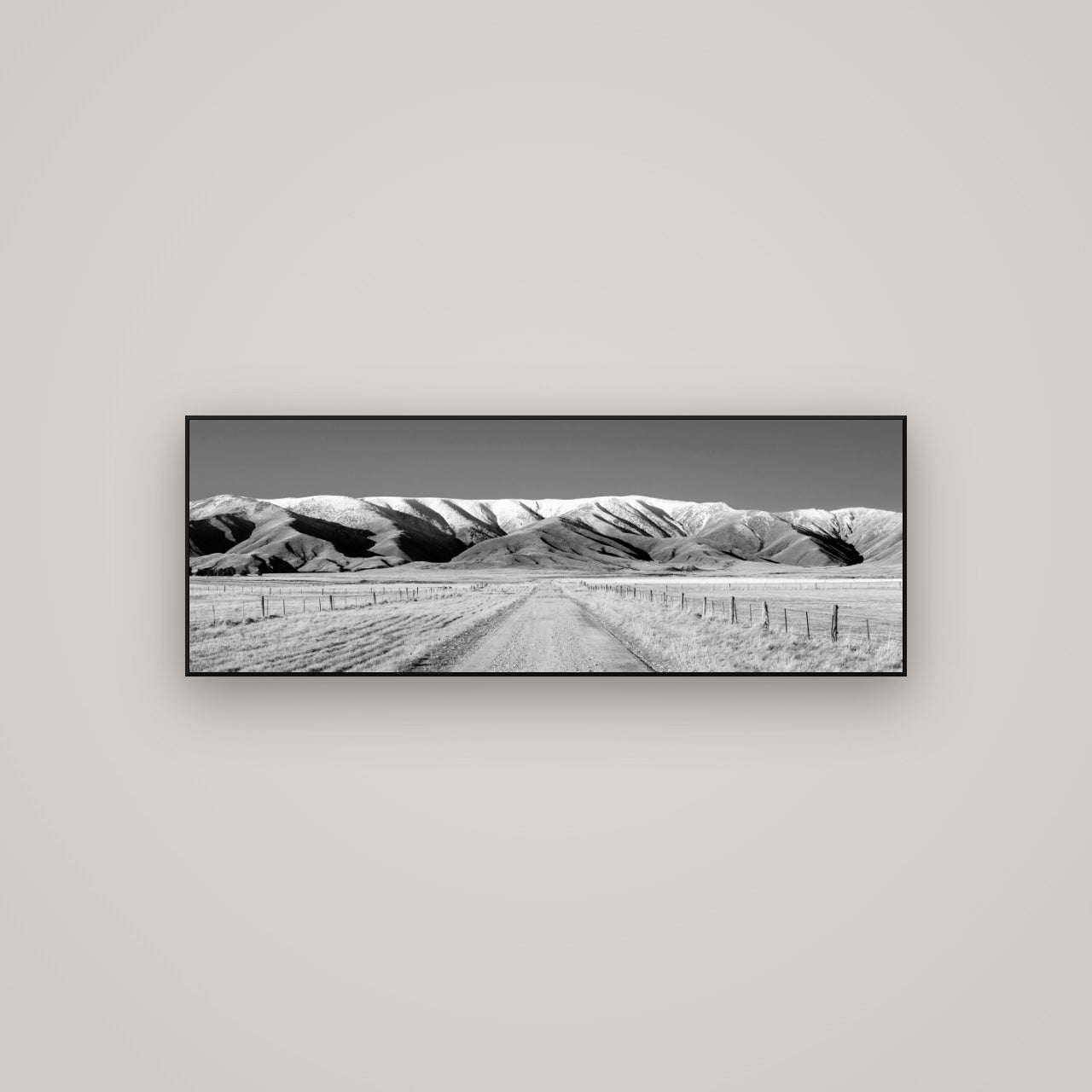 The Road to Hawkdun Heights — ArtBox Black, 113×40 cm. New Zealand fine art wall art by Stephen Milner.