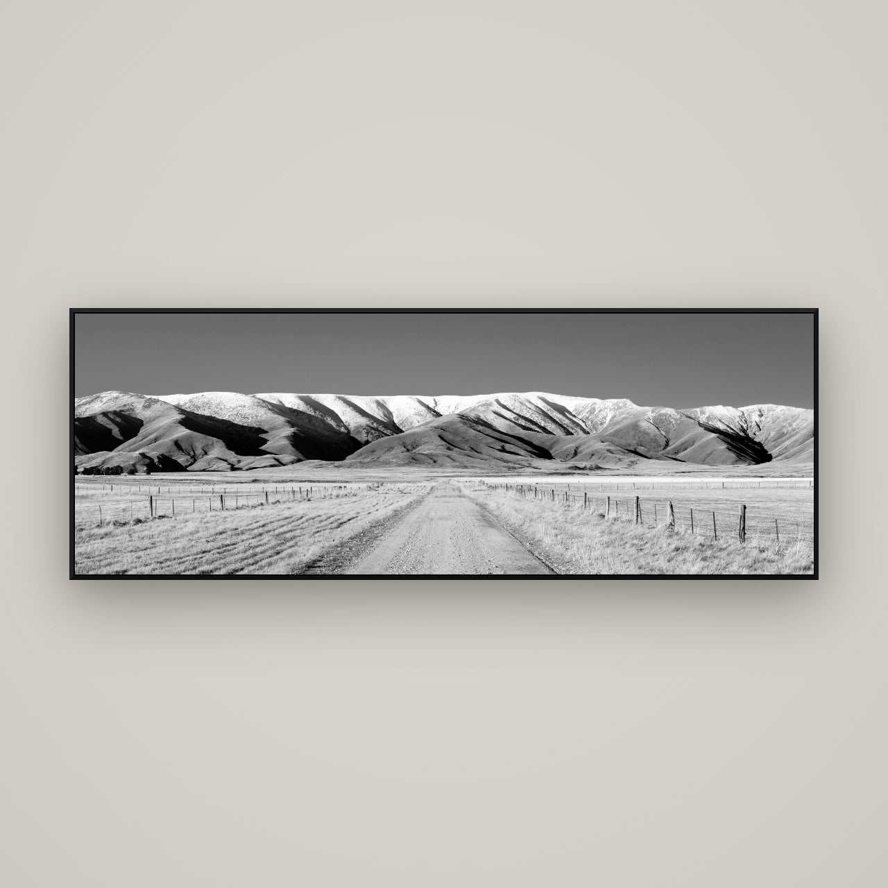 The Road to Hawkdun Heights — ArtBox Black, 170×60 cm. New Zealand fine art wall art by Stephen Milner.