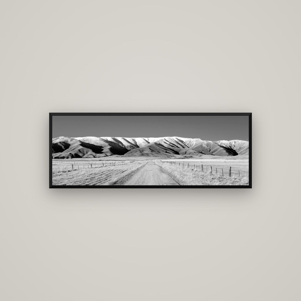 The Road to Hawkdun Heights — Basel Black Matte, 113×40 cm. New Zealand fine art wall art by Stephen Milner.