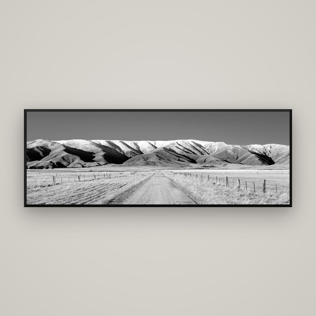 The Road to Hawkdun Heights — Basel Black Matte, 170×60 cm. New Zealand fine art wall art by Stephen Milner.