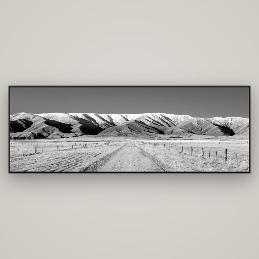 The Road to Hawkdun Heights — Basel Black Matte, 198×70 cm. New Zealand fine art wall art by Stephen Milner.