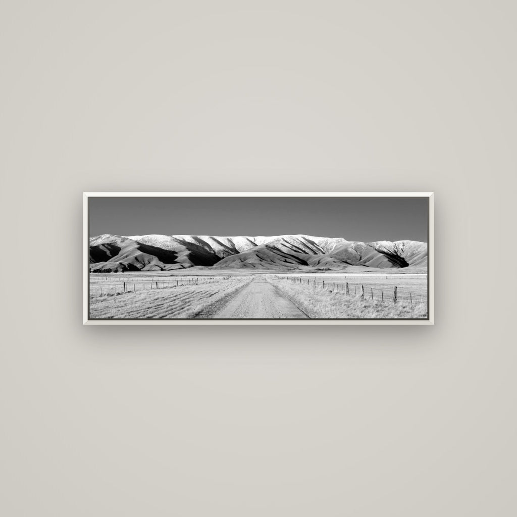 The Road to Hawkdun Heights — Basel White, 113×40 cm. New Zealand fine art wall art by Stephen Milner.