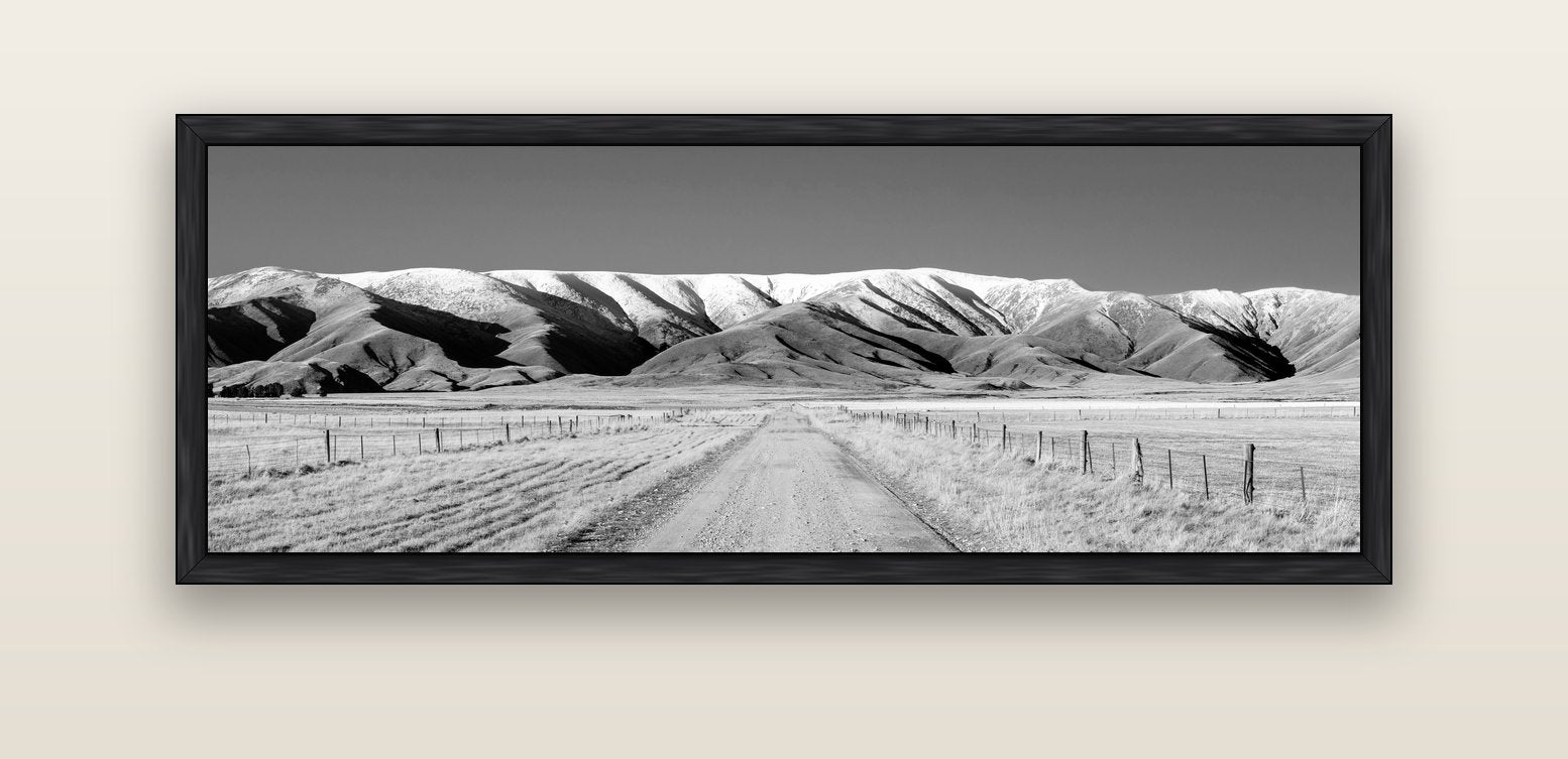 The Road to Hawkdun Heights — black float frame canvas, 152 × 56 cm. New Zealand fine art landscape wall art by Stephen Milner.