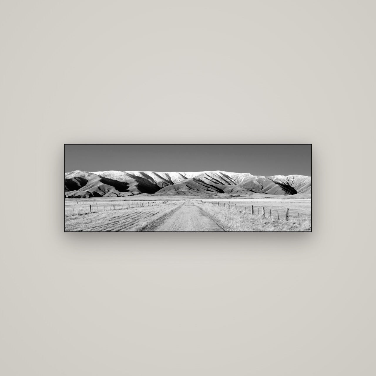 The Road to Hawkdun Heights — Slimline Black, 113×40 cm. New Zealand fine art wall art by Stephen Milner.