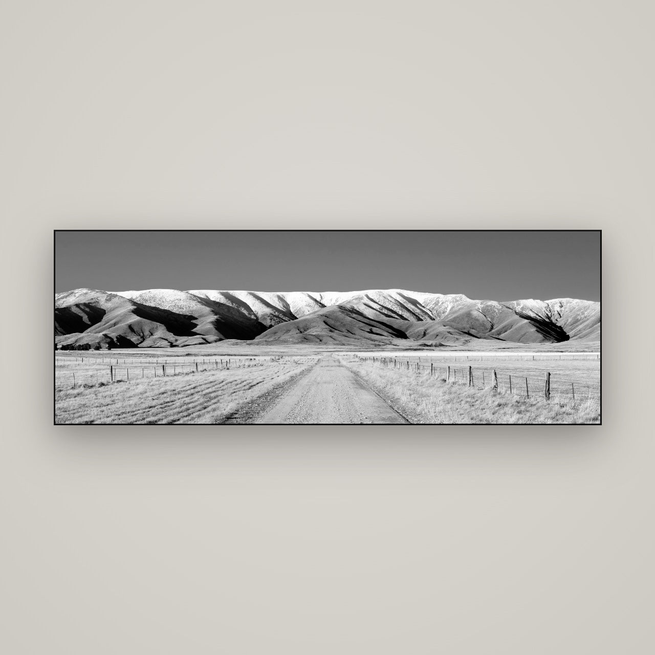 The Road to Hawkdun Heights — Slimline Black, 170×60 cm. New Zealand fine art wall art by Stephen Milner.