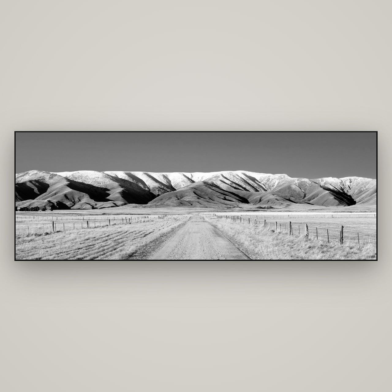The Road to Hawkdun Heights — Slimline Black, 198×70 cm. New Zealand fine art wall art by Stephen Milner.