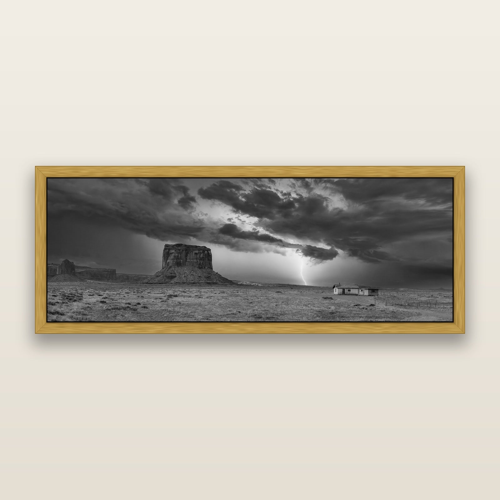 Thunderstrike, Navajo's Monument Storm, black and white framed metallic canvas print, Antique Gold frame. New Zealand fine art wall art by Stephen Milner.
