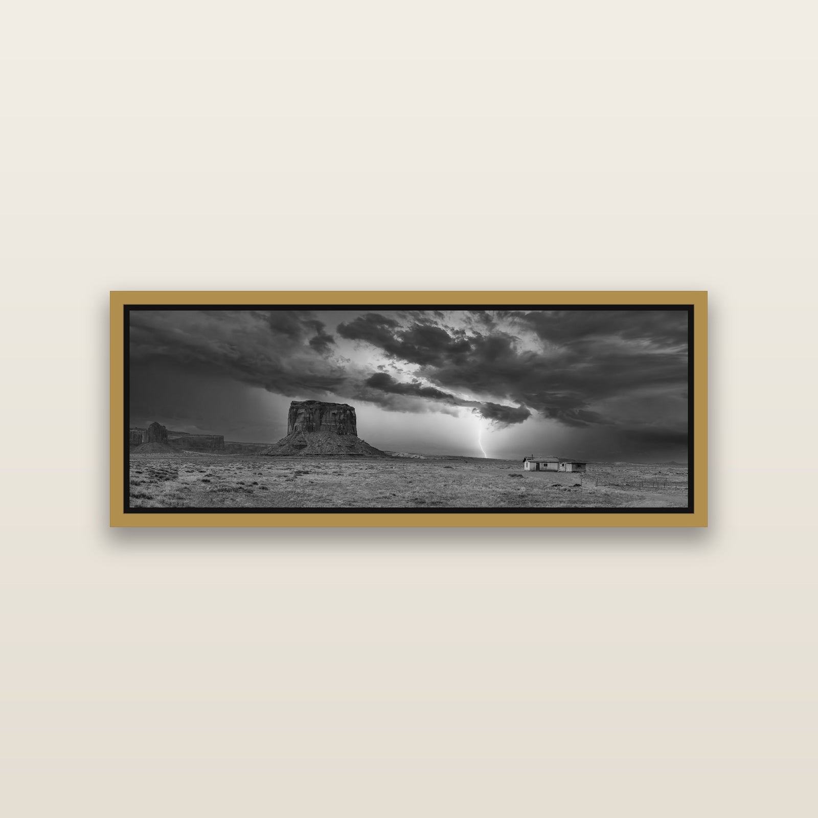 Thunderstrike, Navajo's Monument Storm — Antique Gold framed metallic canvas print, small 86 × 30 cm. New Zealand fine art landscape wall art by Stephen Milner.