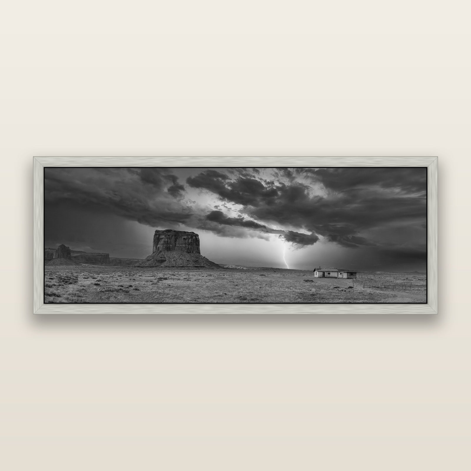 Thunderstrike, Navajo's Monument Storm, black and white framed metallic canvas print, Antique Silver frame. New Zealand fine art wall art by Stephen Milner.
