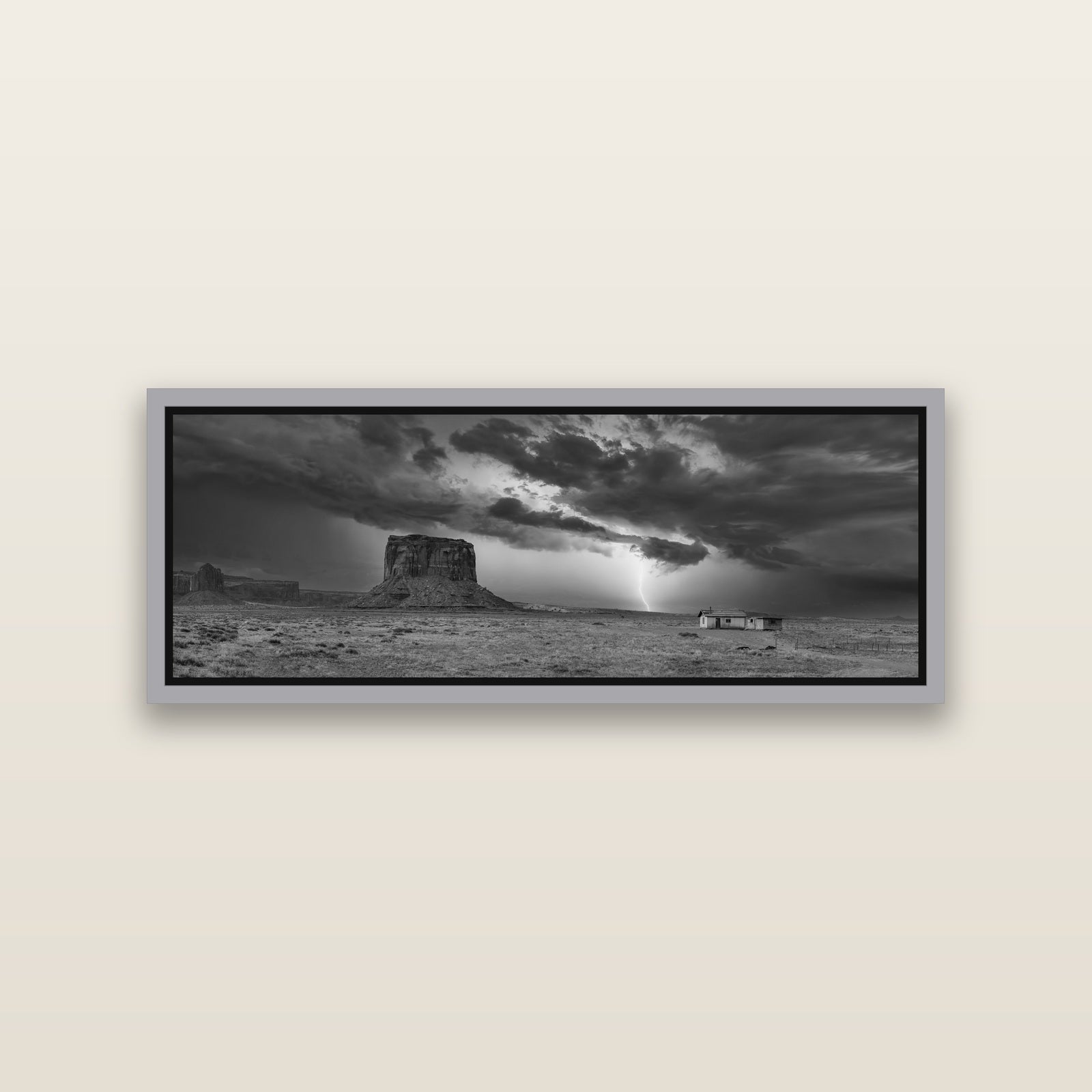 Thunderstrike, Navajo's Monument Storm — Antique Silver framed metallic canvas print, small 86 × 30 cm. New Zealand fine art landscape wall art by Stephen Milner.