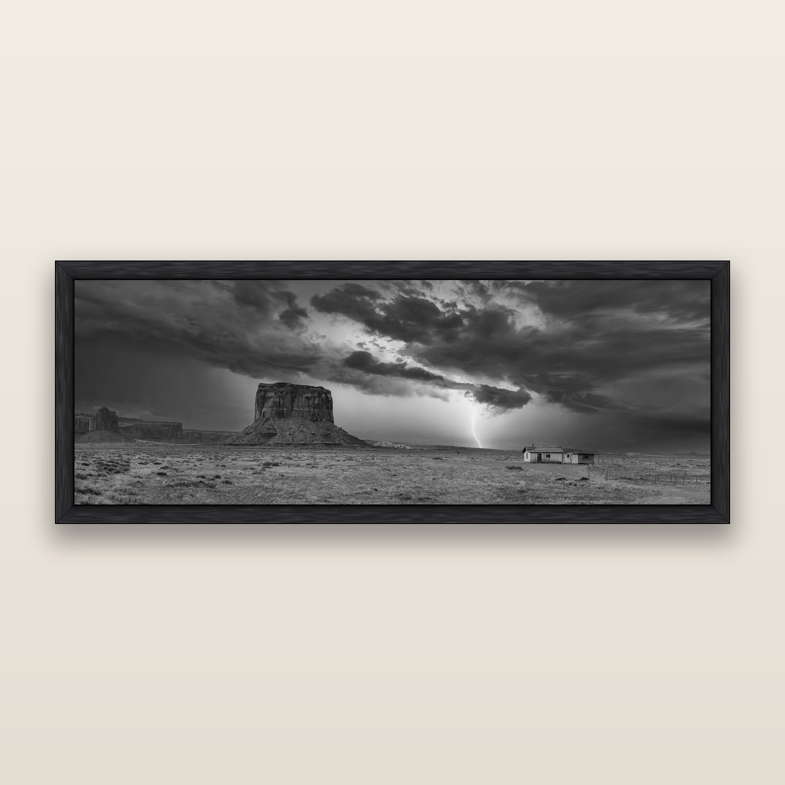 Thunderstrike, Navajo's Monument Storm, black and white framed metallic canvas print, Black frame. New Zealand fine art wall art by Stephen Milner.