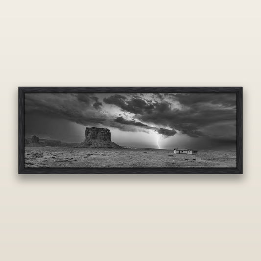 Thunderstrike, Navajo's Monument Storm, black and white framed metallic canvas print, Black frame. New Zealand fine art wall art by Stephen Milner.