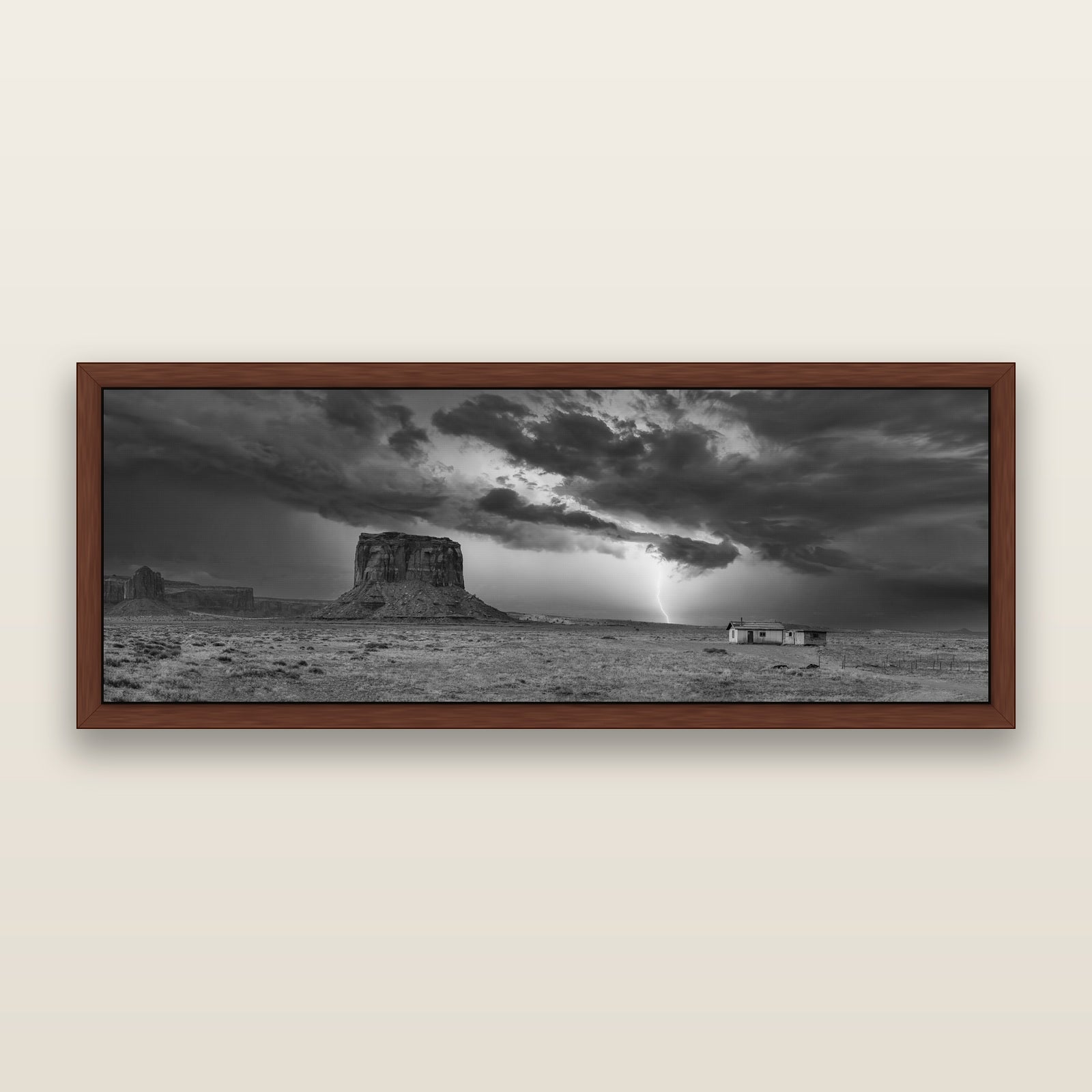 Thunderstrike, Navajo's Monument Storm, black and white framed metallic canvas print, Brown frame. New Zealand fine art wall art by Stephen Milner.