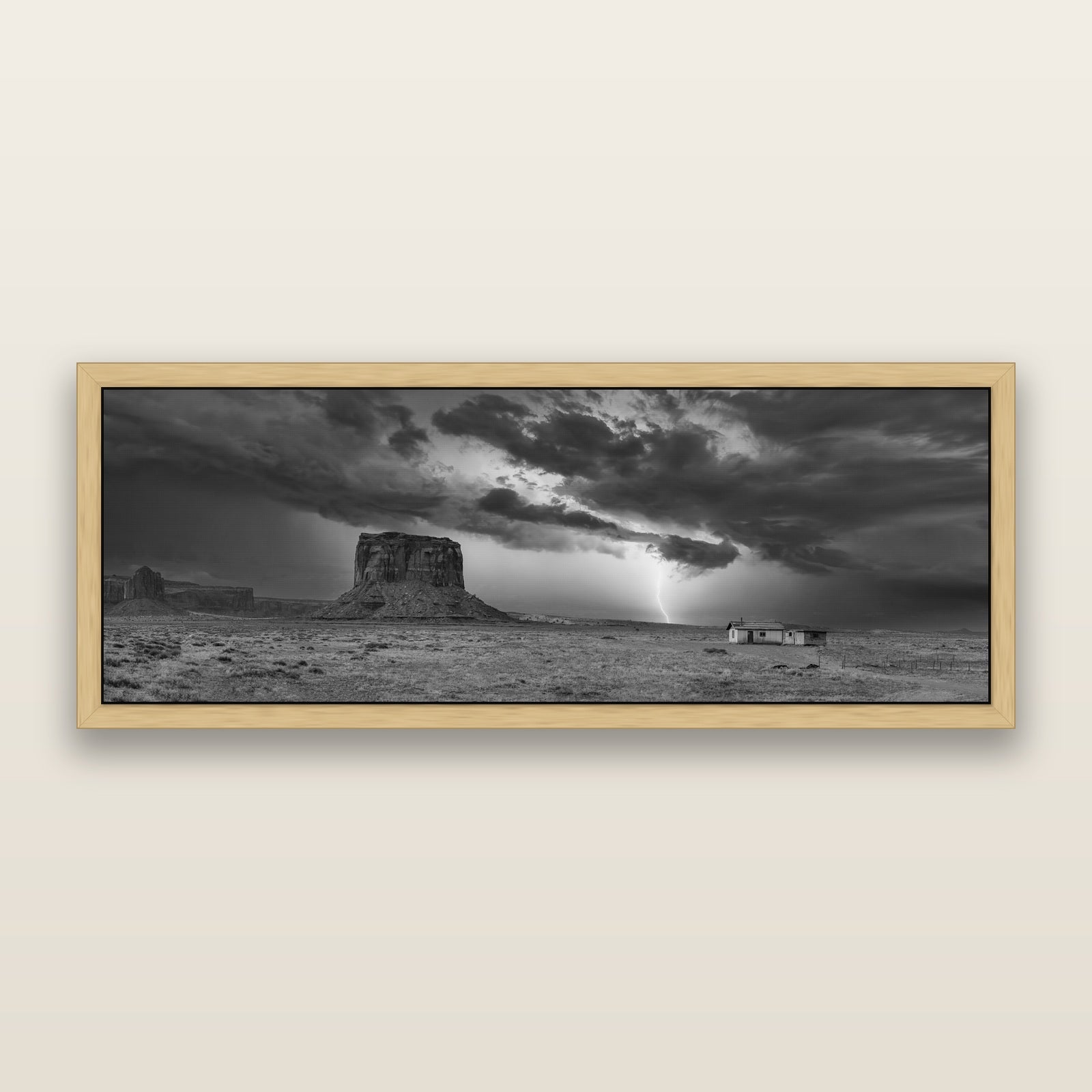 Thunderstrike, Navajo's Monument Storm, black and white framed metallic canvas print, Natural frame. New Zealand fine art wall art by Stephen Milner.