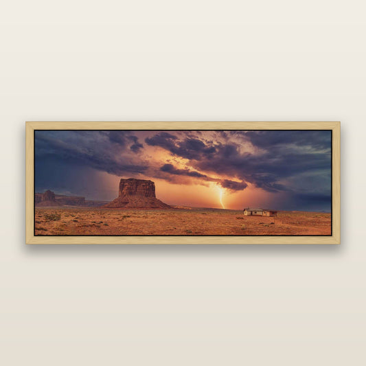 Thunderstrike, Navajo's Monument Storm — framed metallic canvas print, Natural frame. New Zealand fine art landscape wall art by Stephen Milner.