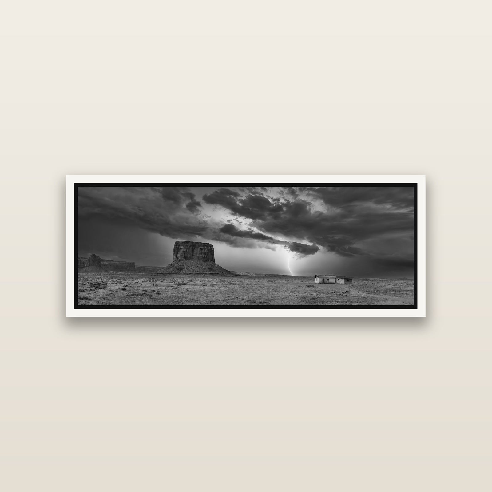 Thunderstrike, Navajo's Monument Storm — White framed metallic canvas print, small 86 × 30 cm. New Zealand fine art landscape wall art by Stephen Milner.