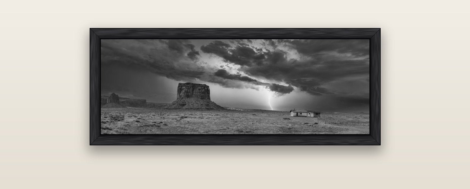 Thunderstrike, Navajo's Monument Storm — black float frame canvas, 102 × 36 cm. New Zealand fine art landscape wall art by Stephen Milner.