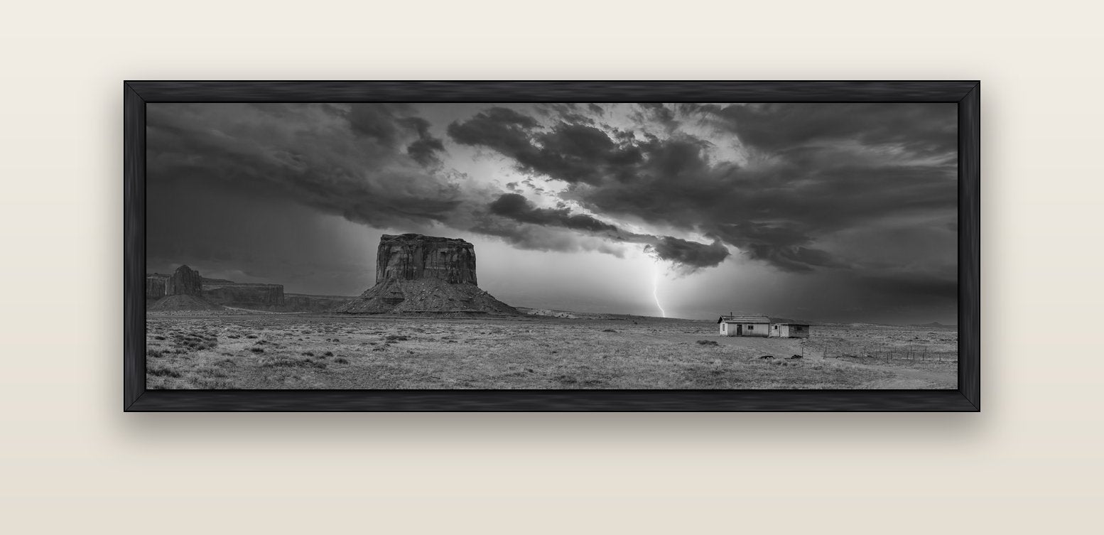 Thunderstrike, Navajo's Monument Storm — black float frame canvas, 152 × 56 cm. New Zealand fine art landscape wall art by Stephen Milner.