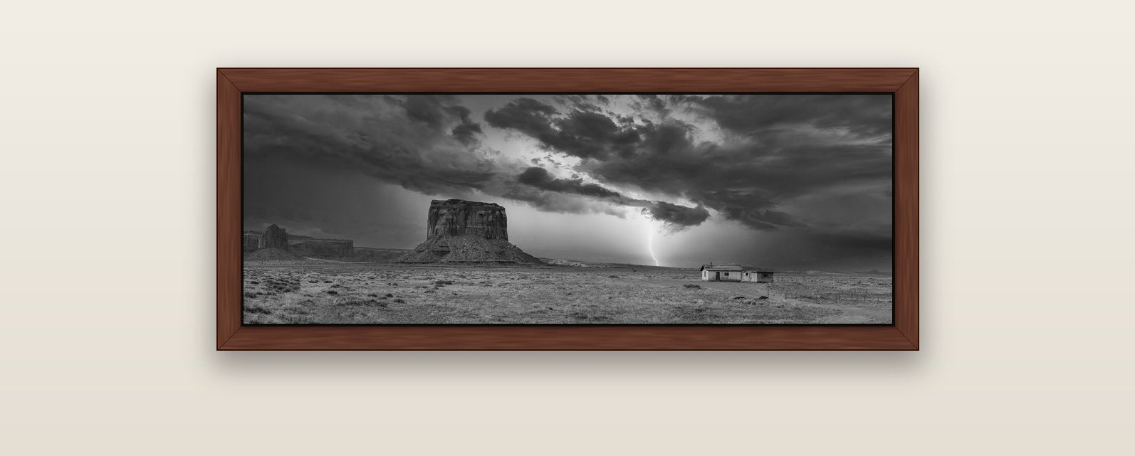 Thunderstrike, Navajo's Monument Storm — brown float frame canvas, 102 × 36 cm. New Zealand fine art landscape wall art by Stephen Milner.
