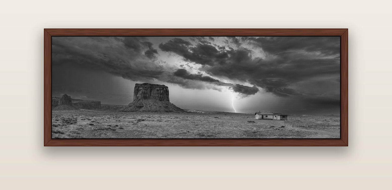 Thunderstrike, Navajo's Monument Storm — brown float frame canvas, 152 × 56 cm. New Zealand fine art landscape wall art by Stephen Milner.